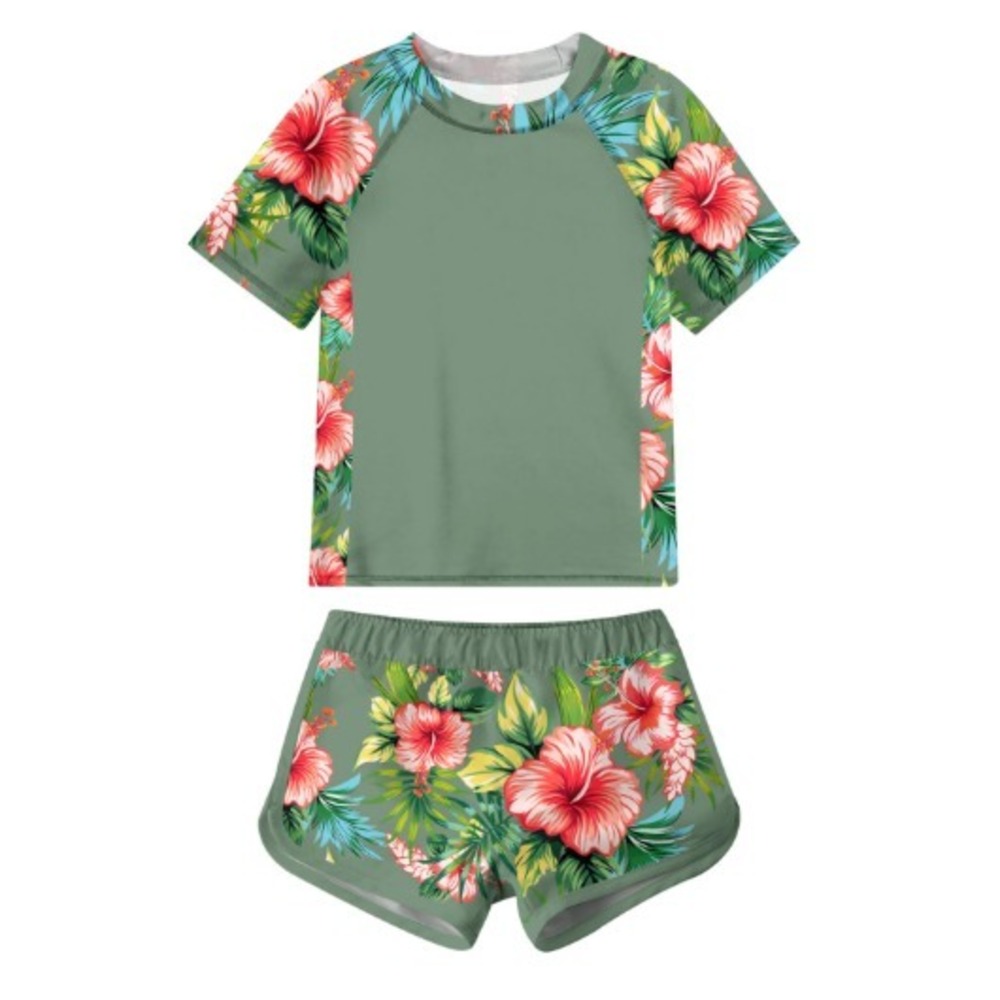 Girls Sz 9 10 Rash Guard‎ Bathing Suit Set Green Floral Hawaiian Boy Shorts 2pc
